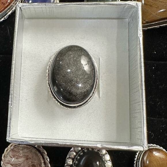 Hand Crafted Jewelry - Silver sheen obsidian stamps, 925 silver overlay, gemstone ring oval adjustable